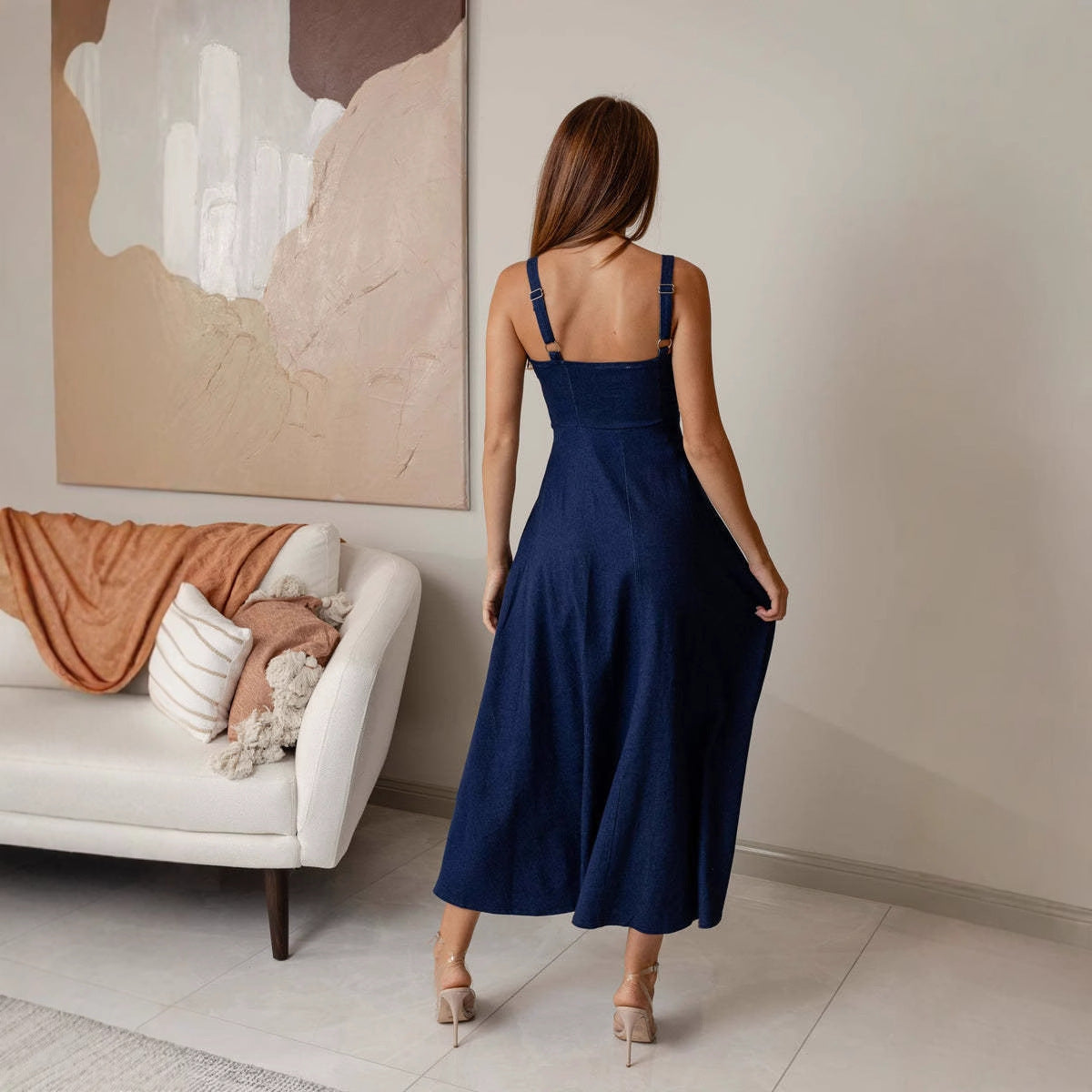A Sexy Backless Sleeveless Denim Dress free delivery