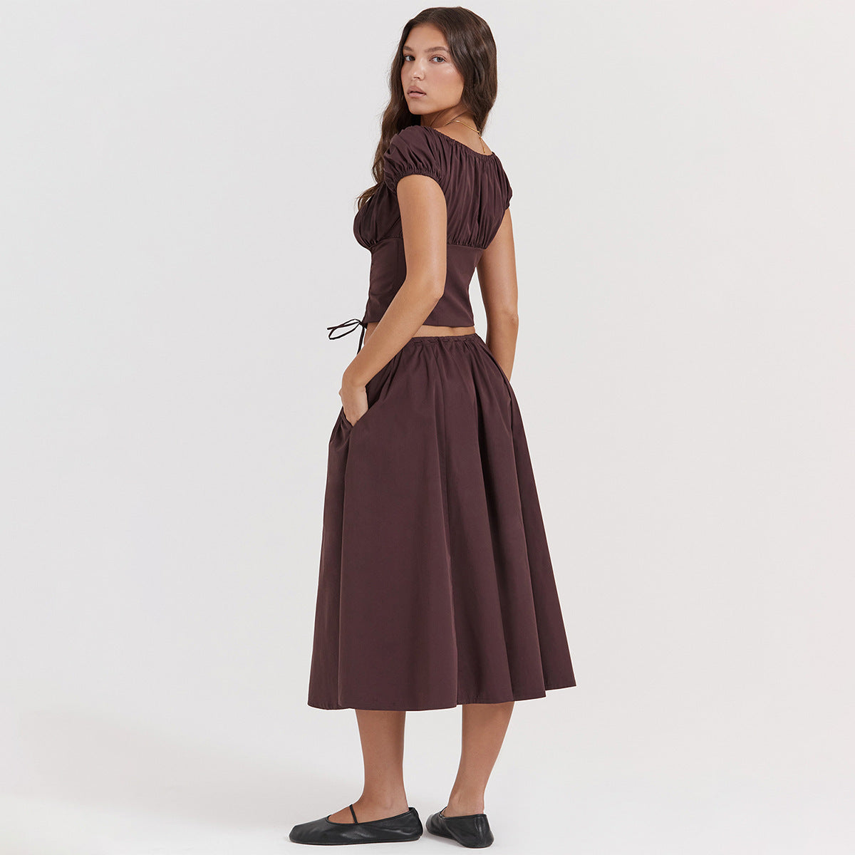 A Square Collar Puff Sleeve Short Midriff-baring Top Skirt Suit free delivery
