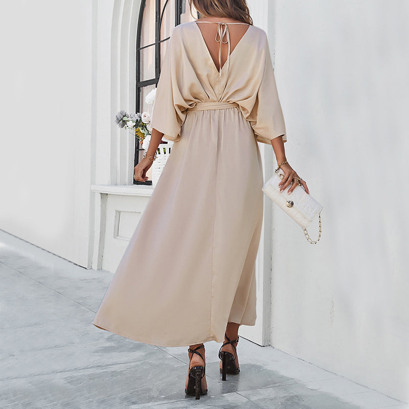 Fashion Bat Sleeve Long-sleeved V-neck Dress With Split Design Temperament Loose High Waist Lace-up Long Dresses Women Clothing free delivery