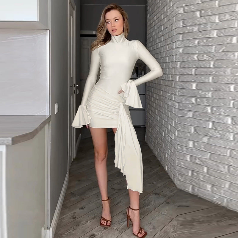 Pure Color Half Collar Bell Sleeve Sexy Skinny Hip Dress free delivery