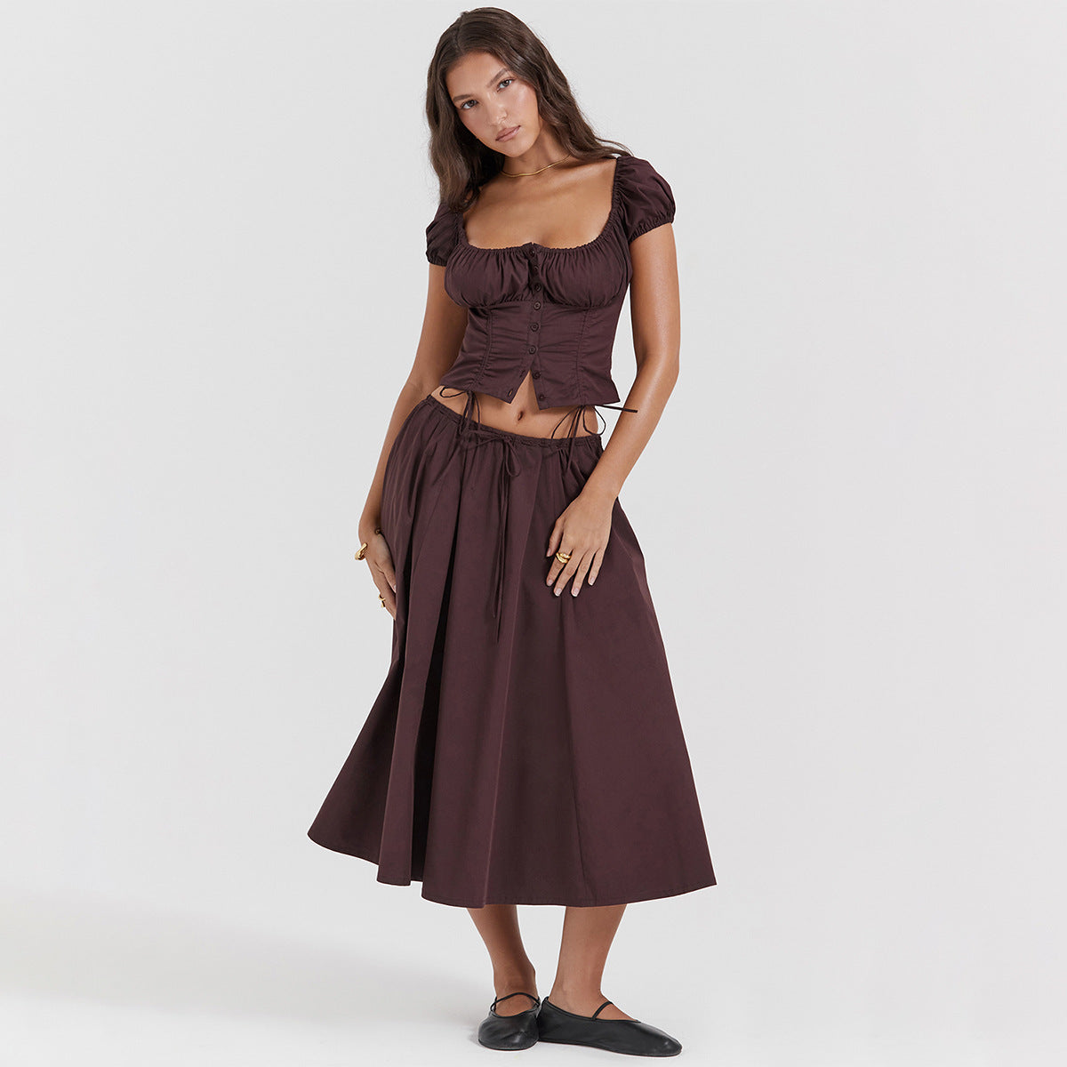 A Square Collar Puff Sleeve Short Midriff-baring Top Skirt Suit free delivery