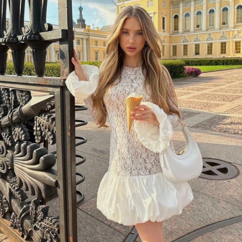 A Women's Clothing Fashion Long Sleeve See-through Lace Dress free delivery