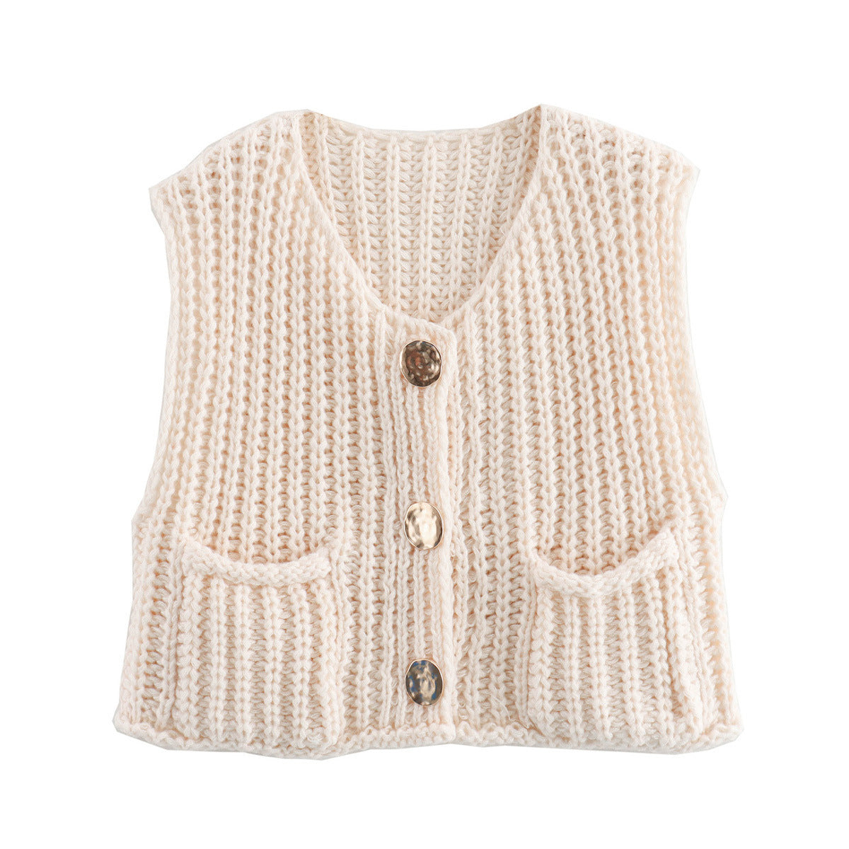 A Women's Pocket Sleeveless Short Knitted Cardigan Vest Shirt free delivery