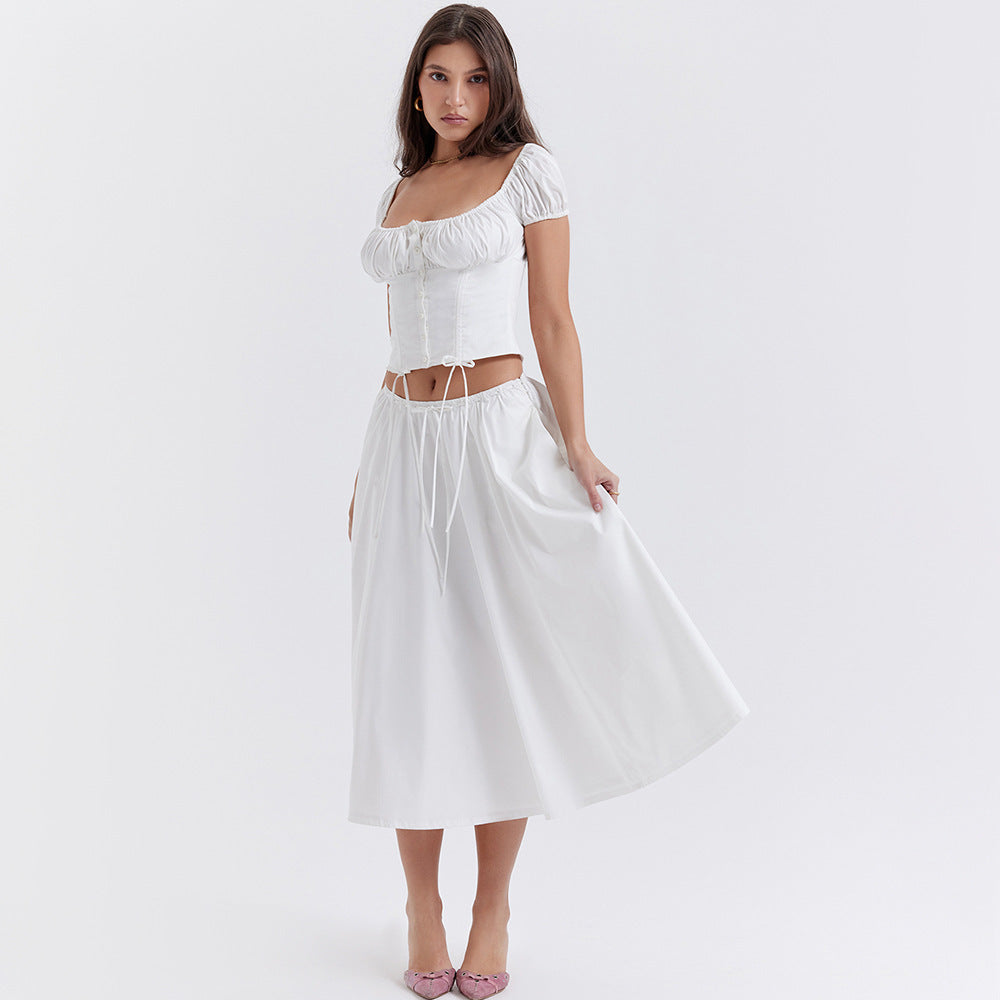 A Square Collar Puff Sleeve Short Midriff-baring Top Skirt Suit free delivery