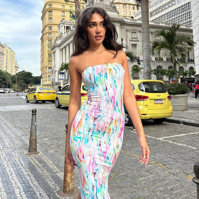 A Women's Fashion Tube Top Printing Dress free delivery