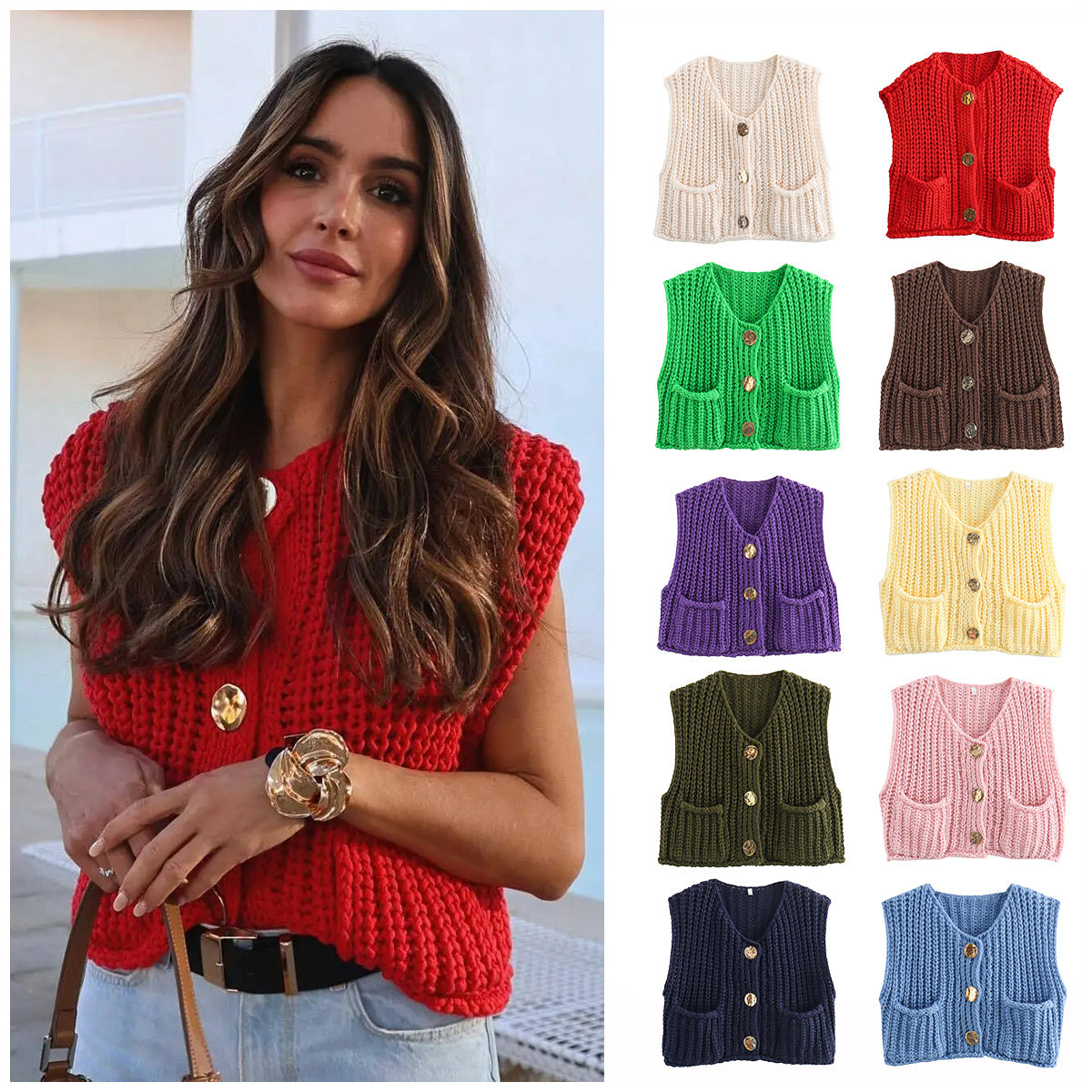 A Women's Pocket Sleeveless Short Knitted Cardigan Vest Shirt free delivery