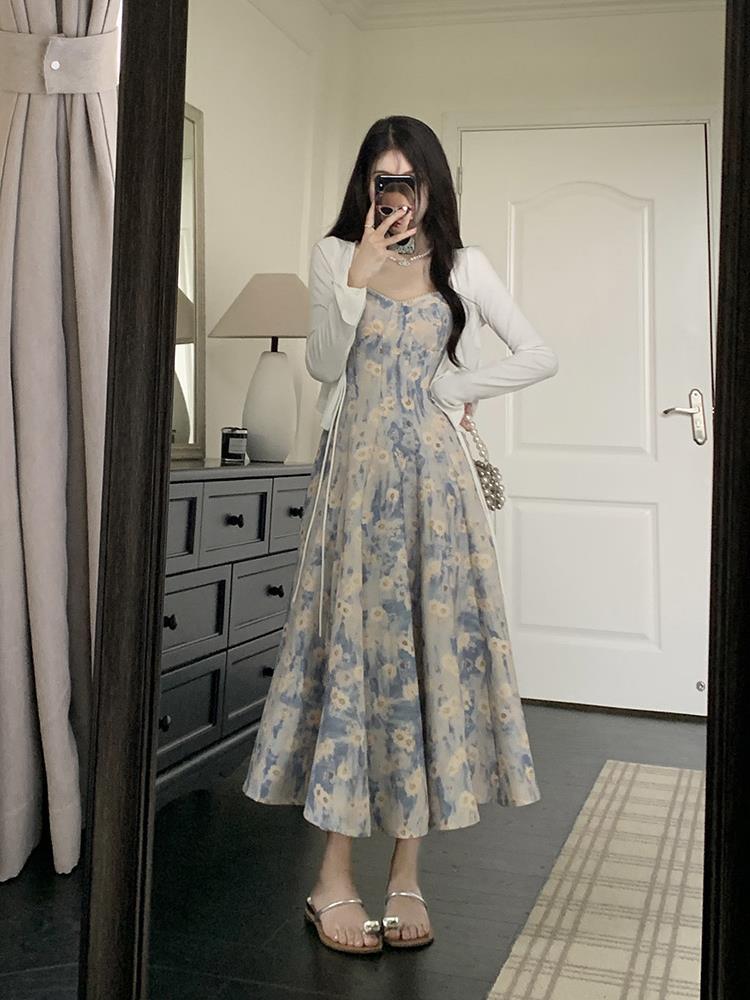 Blue Floral Halter Skirt Dress Two-piece Set free delivery