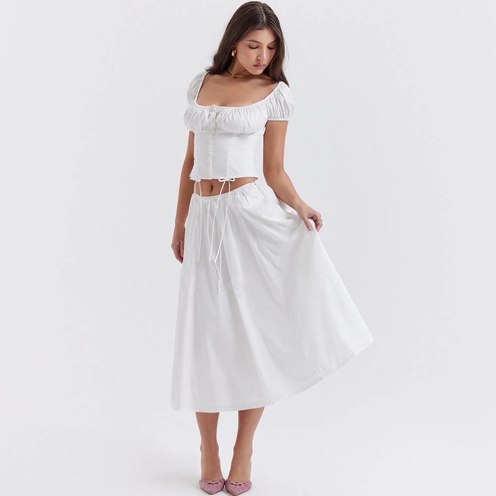 A Square Collar Puff Sleeve Short Midriff-baring Top Skirt Suit free delivery