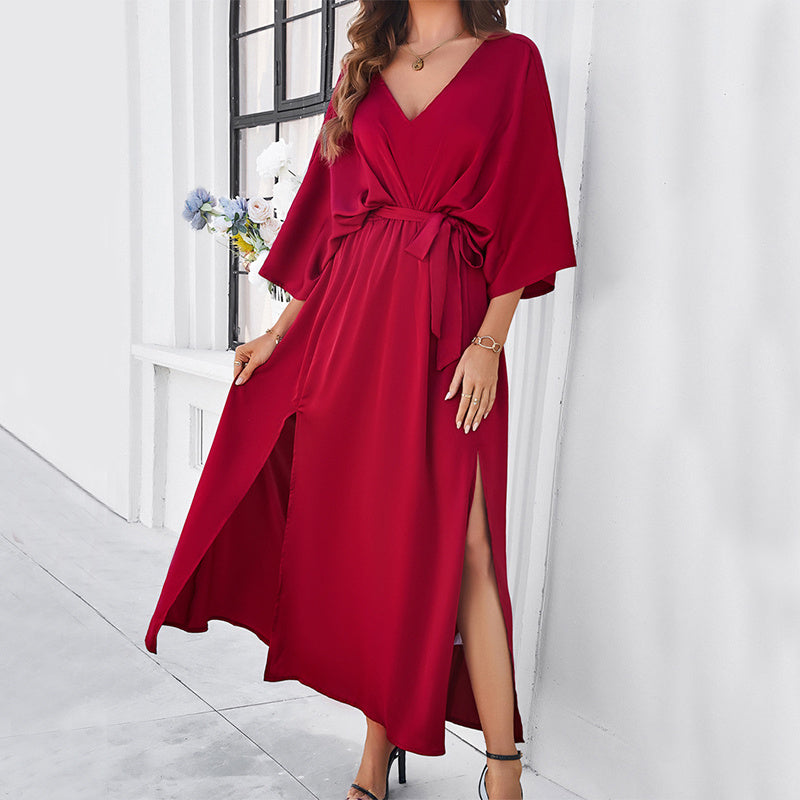 Fashion Bat Sleeve Long-sleeved V-neck Dress With Split Design Temperament Loose High Waist Lace-up Long Dresses Women Clothing free delivery