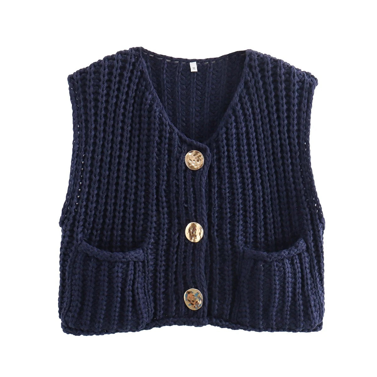 A Women's Pocket Sleeveless Short Knitted Cardigan Vest Shirt free delivery