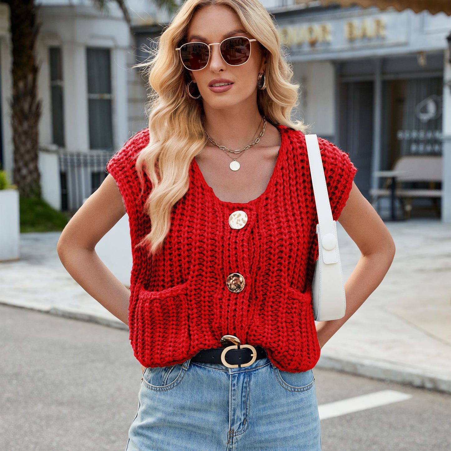A Women's V-neck Three-button Sleeveless Cardigan free delivery
