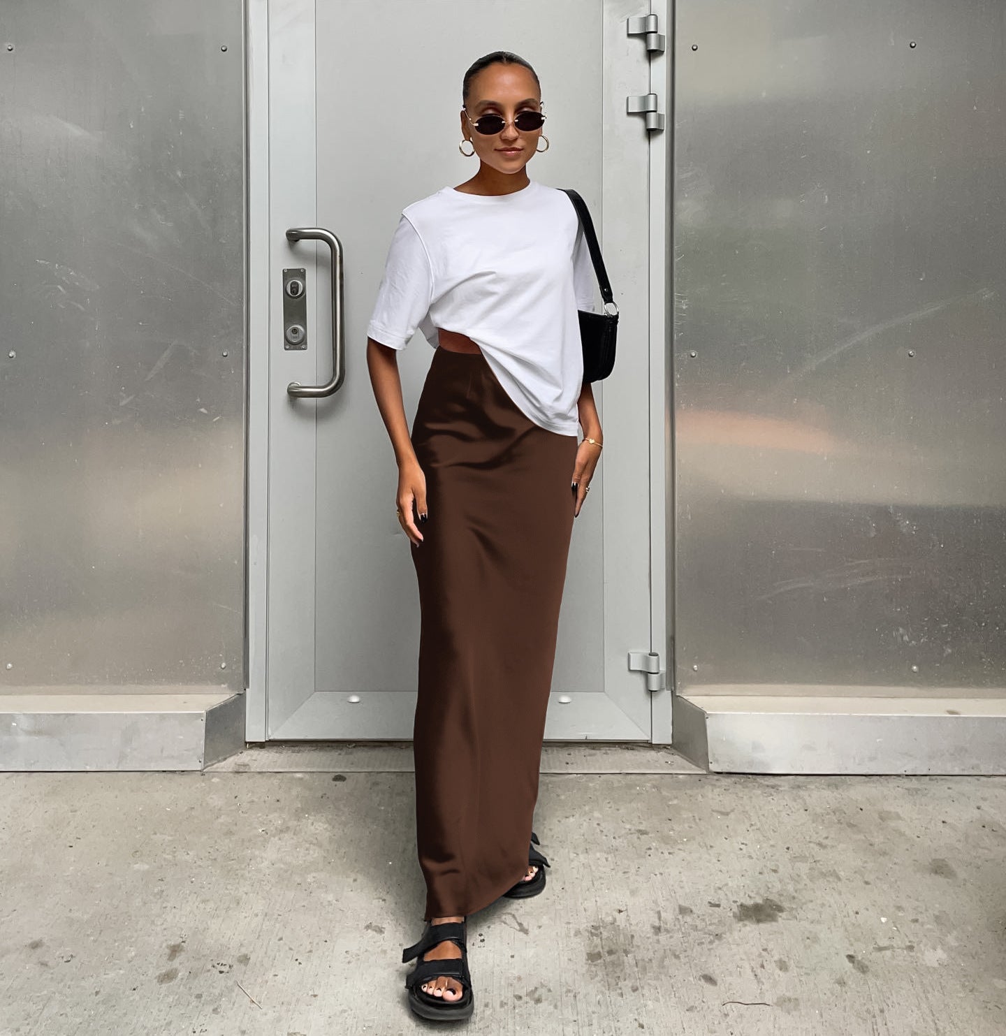 A Women's Faux Acetate Satin Black Half Skirt Women's French Commuter Satin Draped Fishtail Dress Long Skirt free delivery