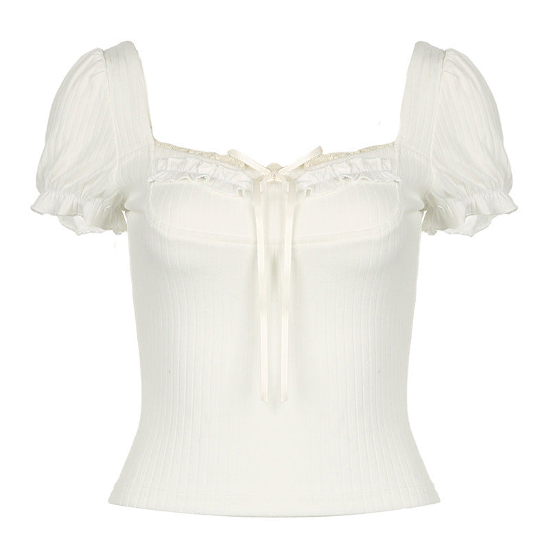 A Women's Fashionable Pleated Lace Stitching Puff Short Sleeve T-shirt free delivery