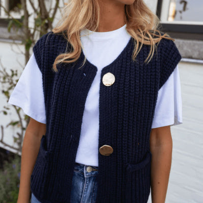 A Women's V-neck Three-button Sleeveless Cardigan free delivery