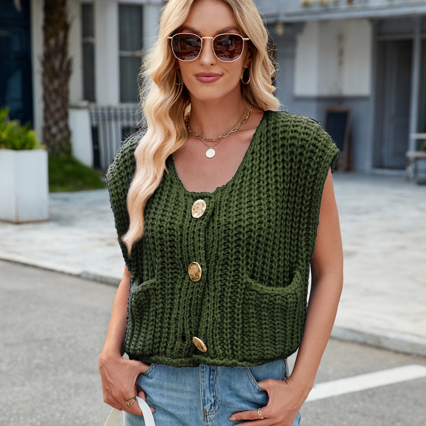 A Women's V-neck Three-button Sleeveless Cardigan free delivery