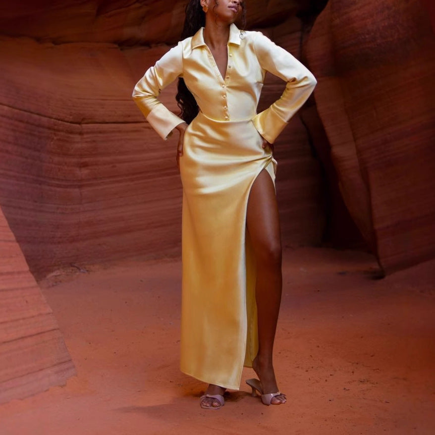 A Women's Satin Dress Long Sleeve Split free delivery