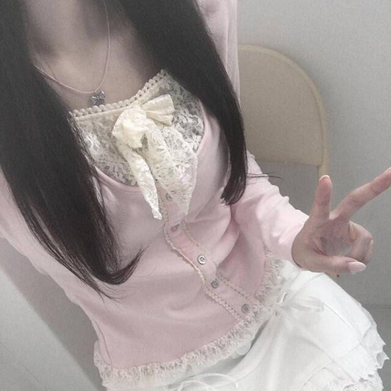 Girl's Lace Stitching Contrast Color Knitted Long-sleeved Top T-shirt free delivery