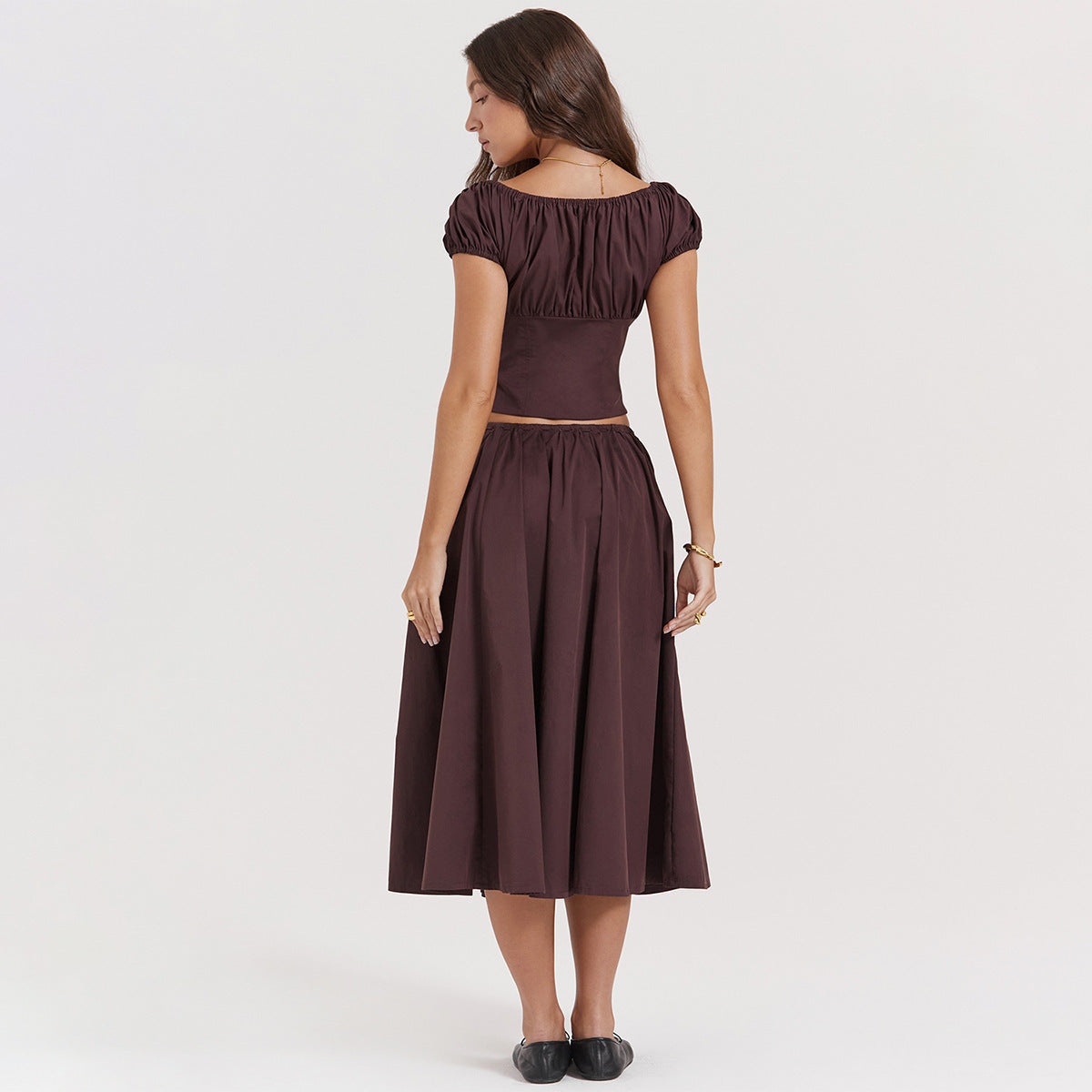 A Square Collar Puff Sleeve Short Midriff-baring Top Skirt Suit free delivery