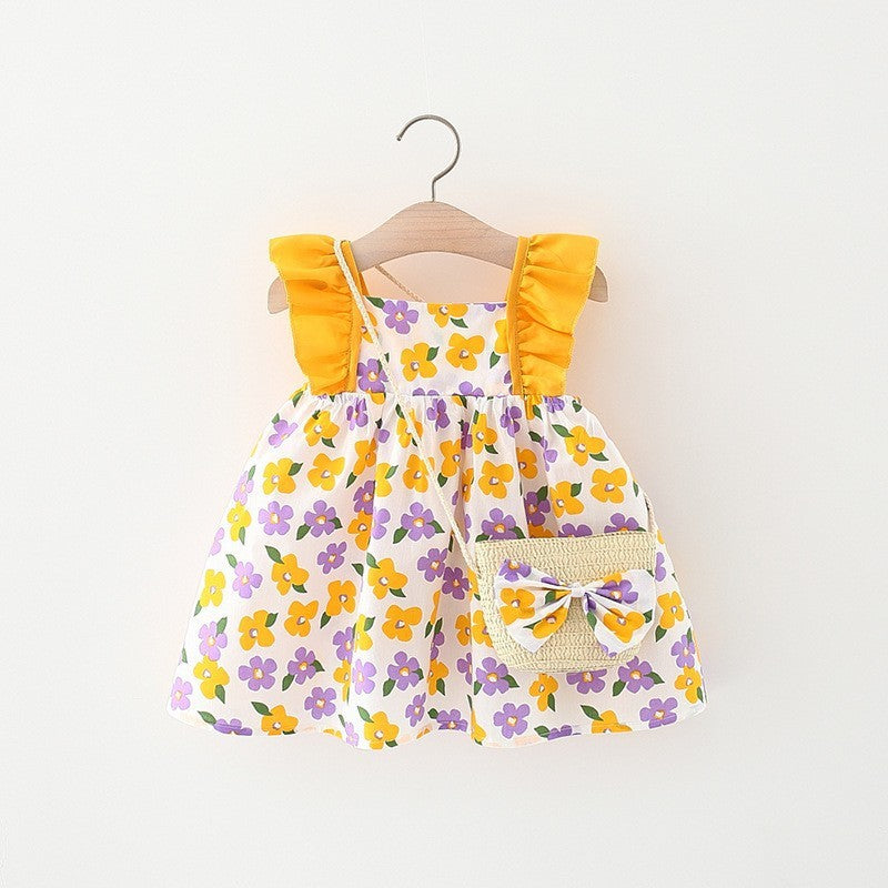 Baby Girl Flounced Sleeve Dress Free Bamboo Basket Satchel free delivery