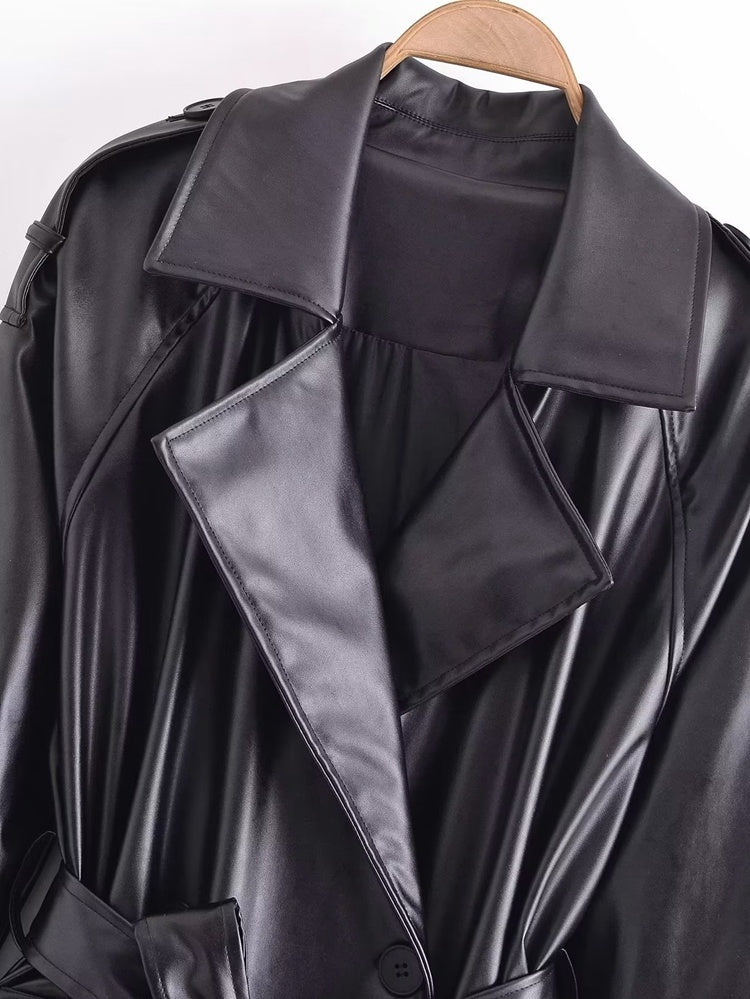 A Women's Clothing AutumnLong Sleeve Slim Fit With Belt Imitation Leather Trench Coat free delivery