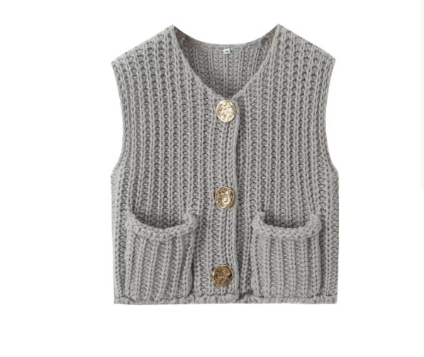 A Women's Pocket Sleeveless Short Knitted Cardigan Vest Shirt free delivery