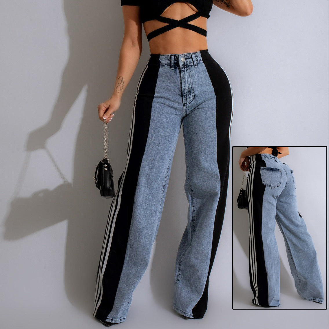 A Wide-leg patchwork denim trousers casual 2024 style free delivery
