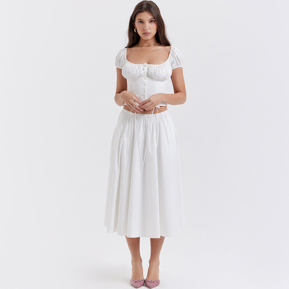 A Square Collar Puff Sleeve Short Midriff-baring Top Skirt Suit free delivery