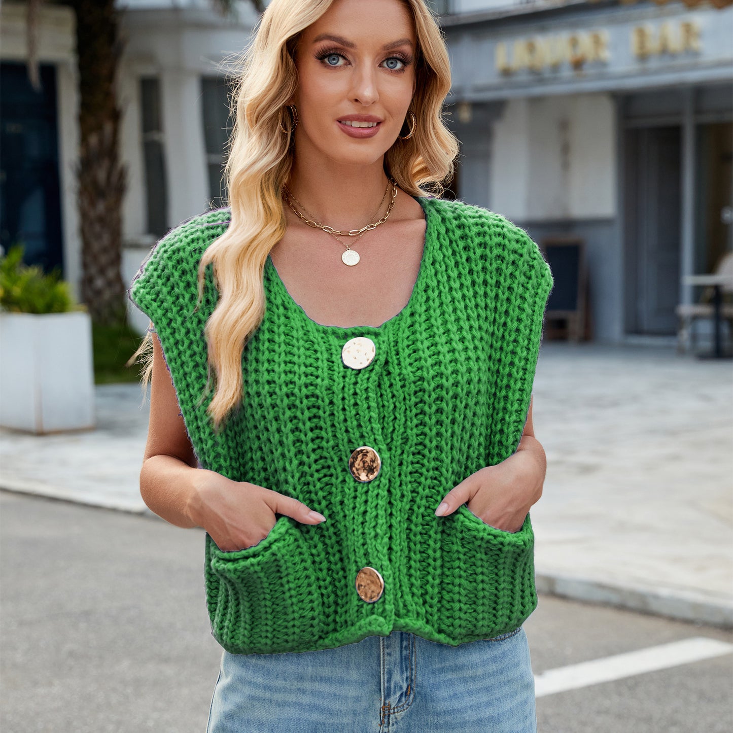 A Women's V-neck Three-button Sleeveless Cardigan free delivery