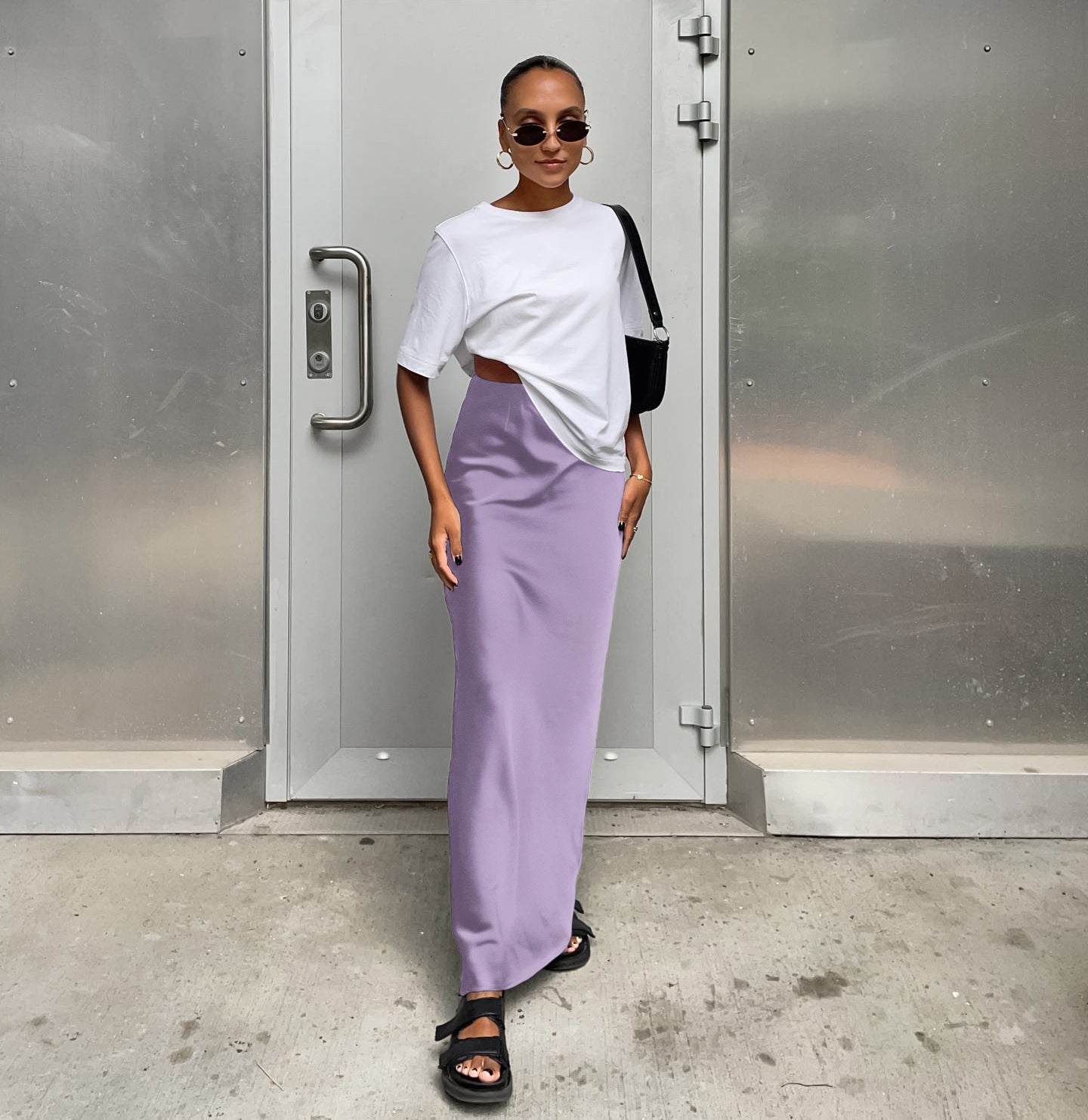 A Women's Faux Acetate Satin Black Half Skirt Women's French Commuter Satin Draped Fishtail Dress Long Skirt free delivery