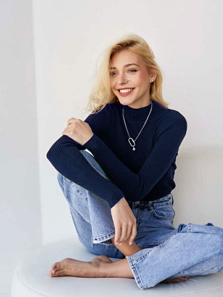 A Women's Fashion Simple Pure Color Half Collar Sweater free delivery