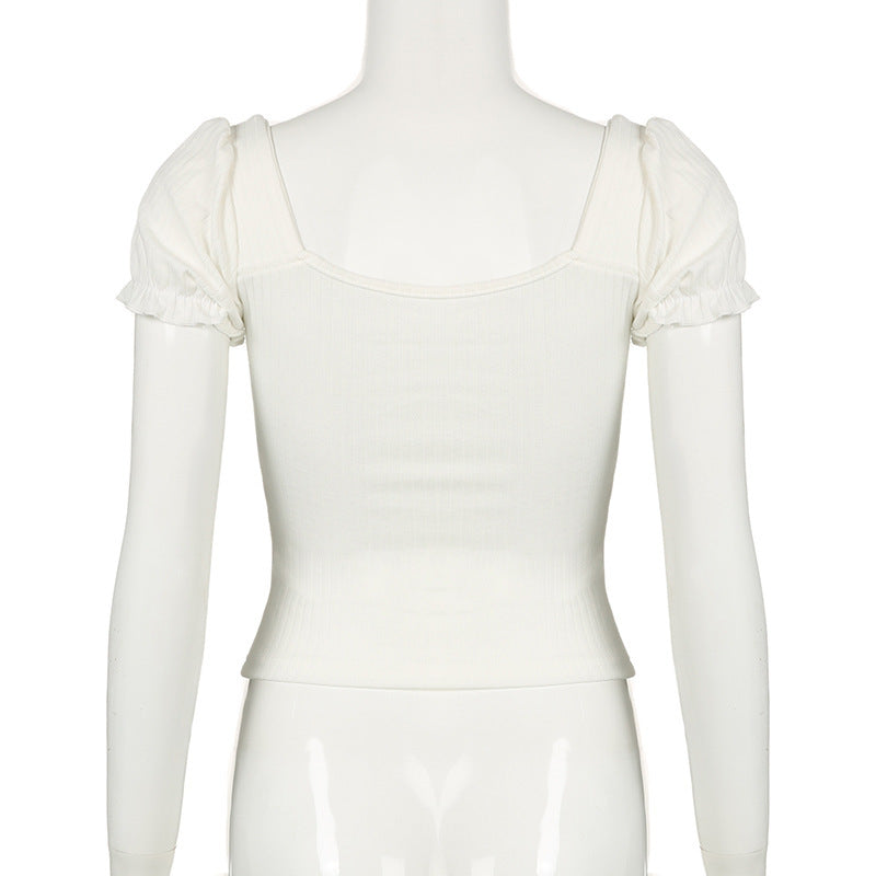 A Women's Fashionable Pleated Lace Stitching Puff Short Sleeve T-shirt free delivery