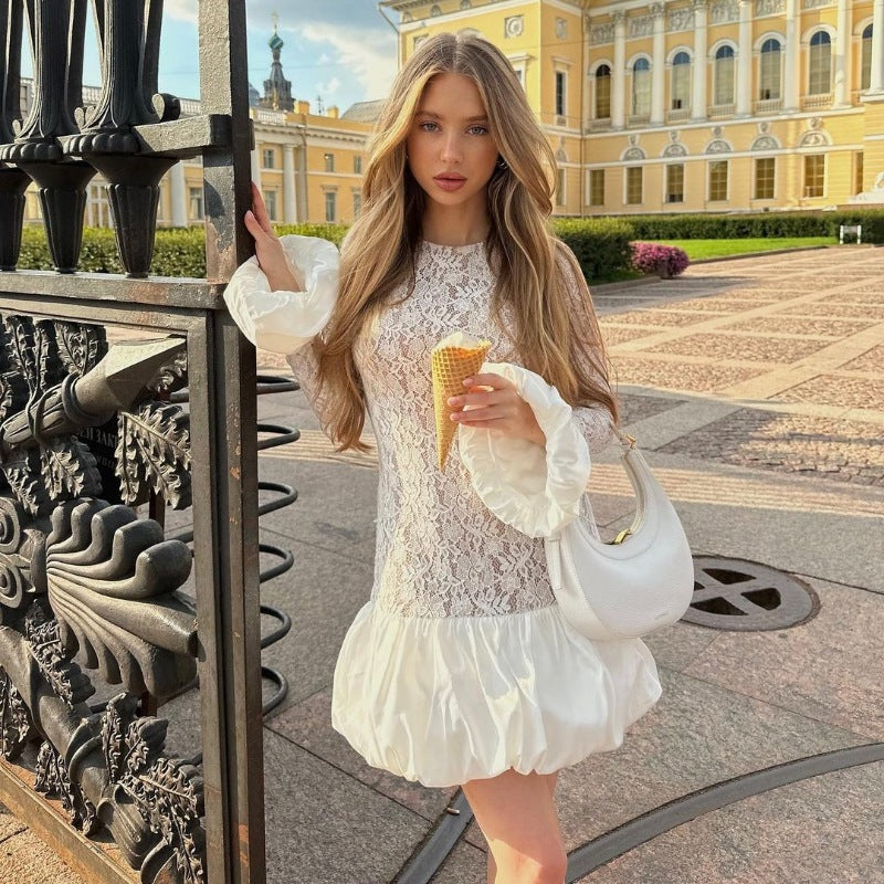 A Women's Clothing Fashion Long Sleeve See-through Lace Dress free delivery