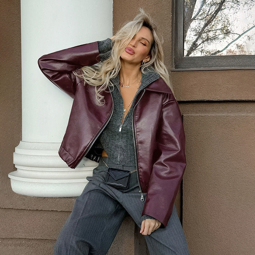 A Retro Biker's Style Wine Red European And American Handsome Matte Leather Jacket Coat free delivery