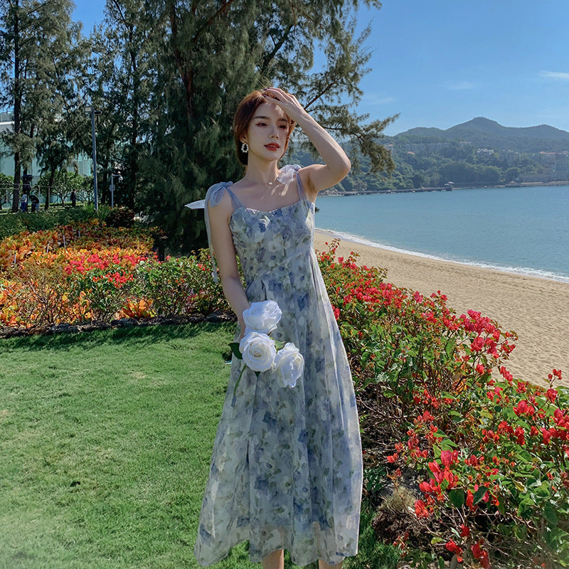 A Korean Tea Break French Niche Suspender Dress Oil Painting Style free delivery