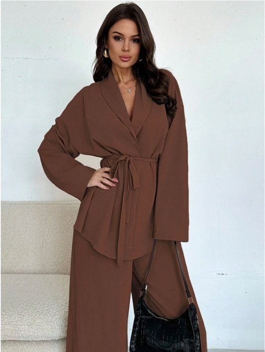 A V-neck Women's Temperament Long Sleeve Elegant Wide-leg Pants Suit free delivery