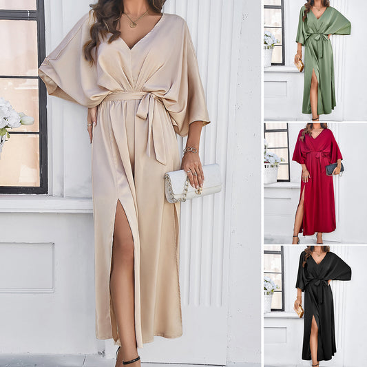 Fashion Bat Sleeve Long-sleeved V-neck Dress With Split Design Temperament Loose High Waist Lace-up Long Dresses Women Clothing free delivery