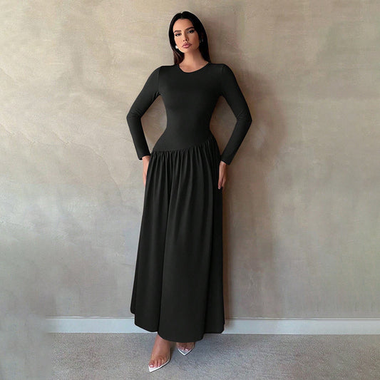 A Base Pleated Solid Color Long Dress free delivery