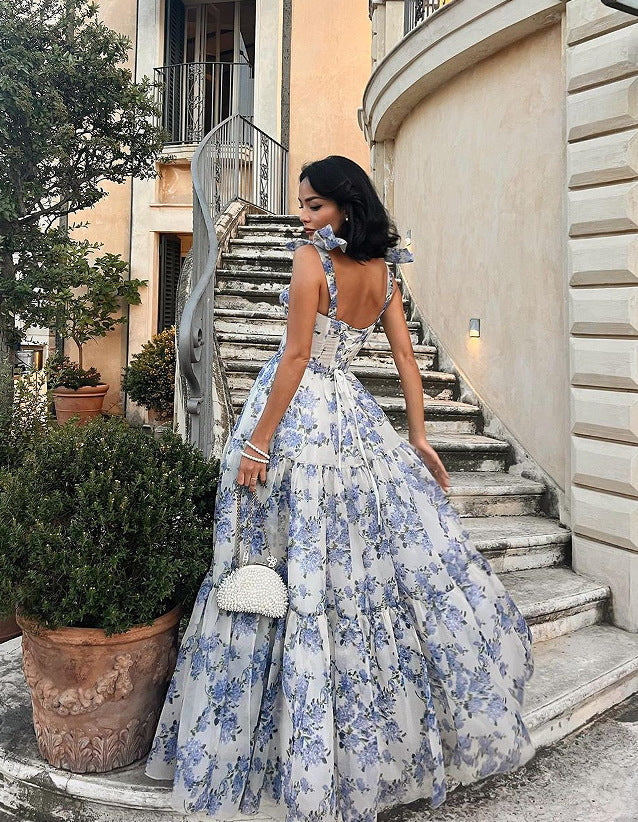 A Floral Off-the-shoulder Strap Lace-up Large Swing Skirt Organza Dress free delivery
