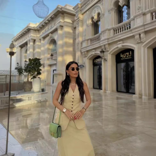Sleeveless Long Vest Skirt Suit