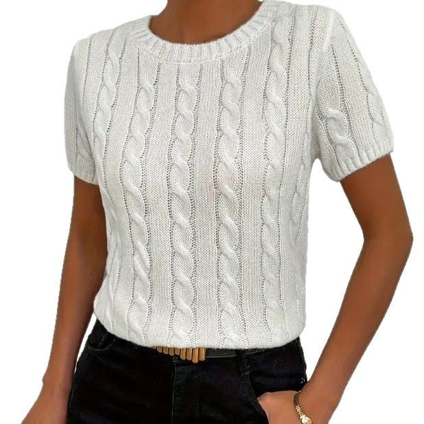 Simple Round-neck Comfortable Rib Short Sleeve Pullover Sweater free delivery