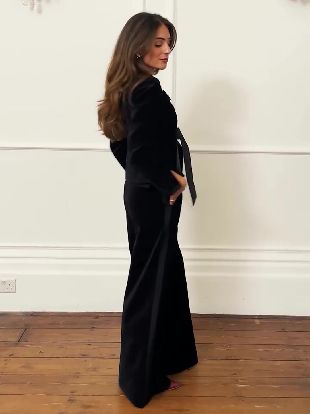 A Black Velvet Bow Jacket & Wide-Leg Pants Suit | Elegant Women’s Evening Outfit with Free Delivery