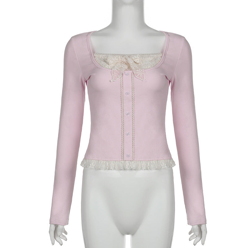 Girl's Lace Stitching Contrast Color Knitted Long-sleeved Top T-shirt free delivery