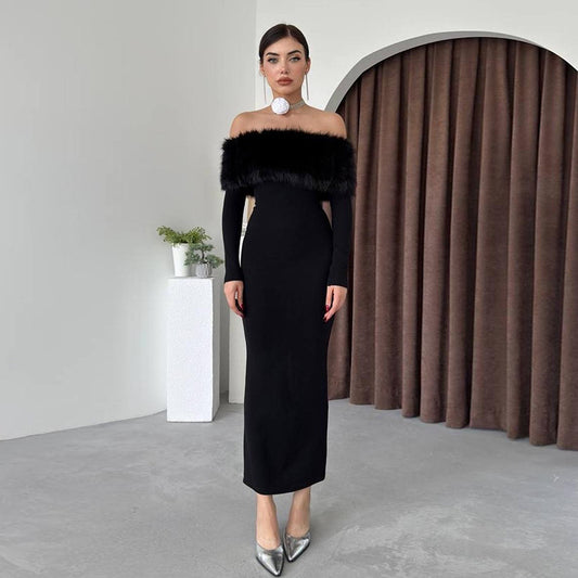 A Off-shoulder Fur Collar Slim Fit Dress Women free delivery