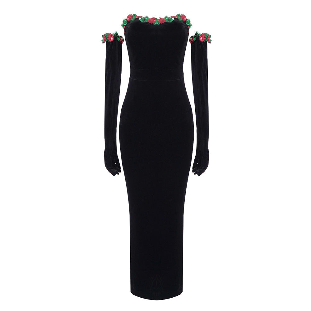 A Flower Sequin Lace Decoration Velvet Skirt free delivery