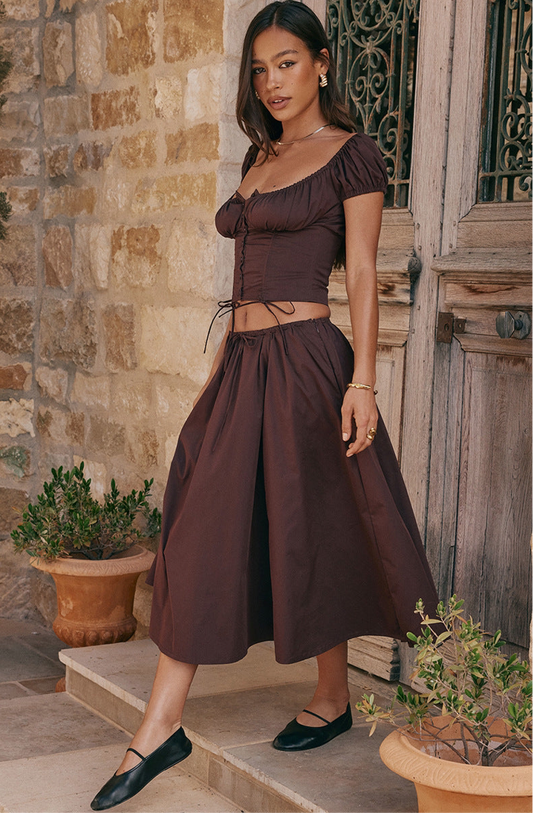 A Square Collar Puff Sleeve Short Midriff-baring Top Skirt Suit free delivery