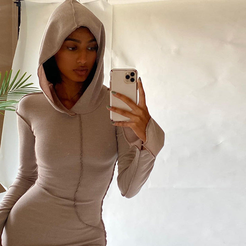 Reverse Stitch Long - Sleeved Dress With Hooded Hood