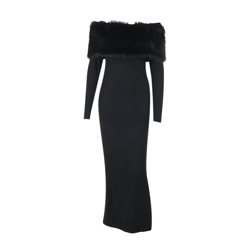 A Off-shoulder Fur Collar Slim Fit Dress Women free delivery