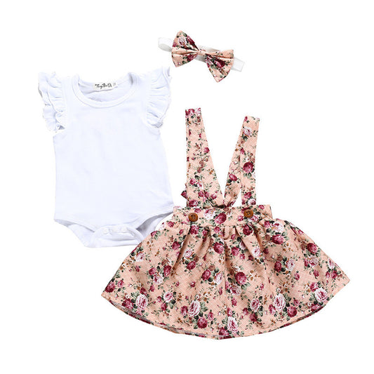 Girls' Cotton White Flying Sleeve Short-sleeved Romper Flower Suspenders Skirt Head Knot free delivery