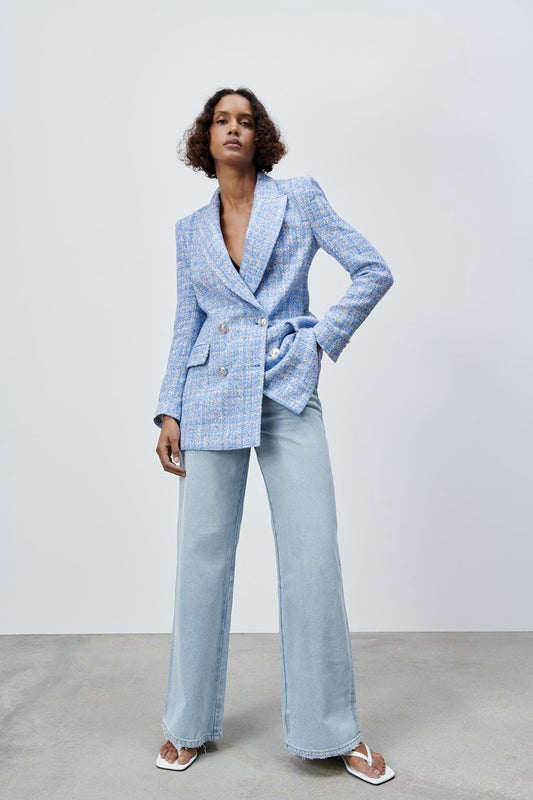 A European And American Women'S Spring New Plaid Texture Double-Breasted Mid-Length Suit Jacket free delivery