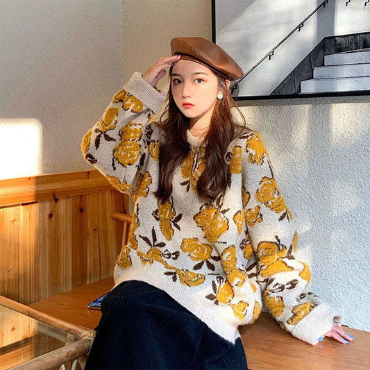 Nomikuma Vintage Flower Sweater Women Autumn New Knitted Tops O Neck Long Sleeve Retro Loose Pullover Jumpers Sueter Mujer free delivery